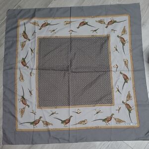 Vintage Norma Dori Gray & Multicolor Pheasant Print Silk Scarf